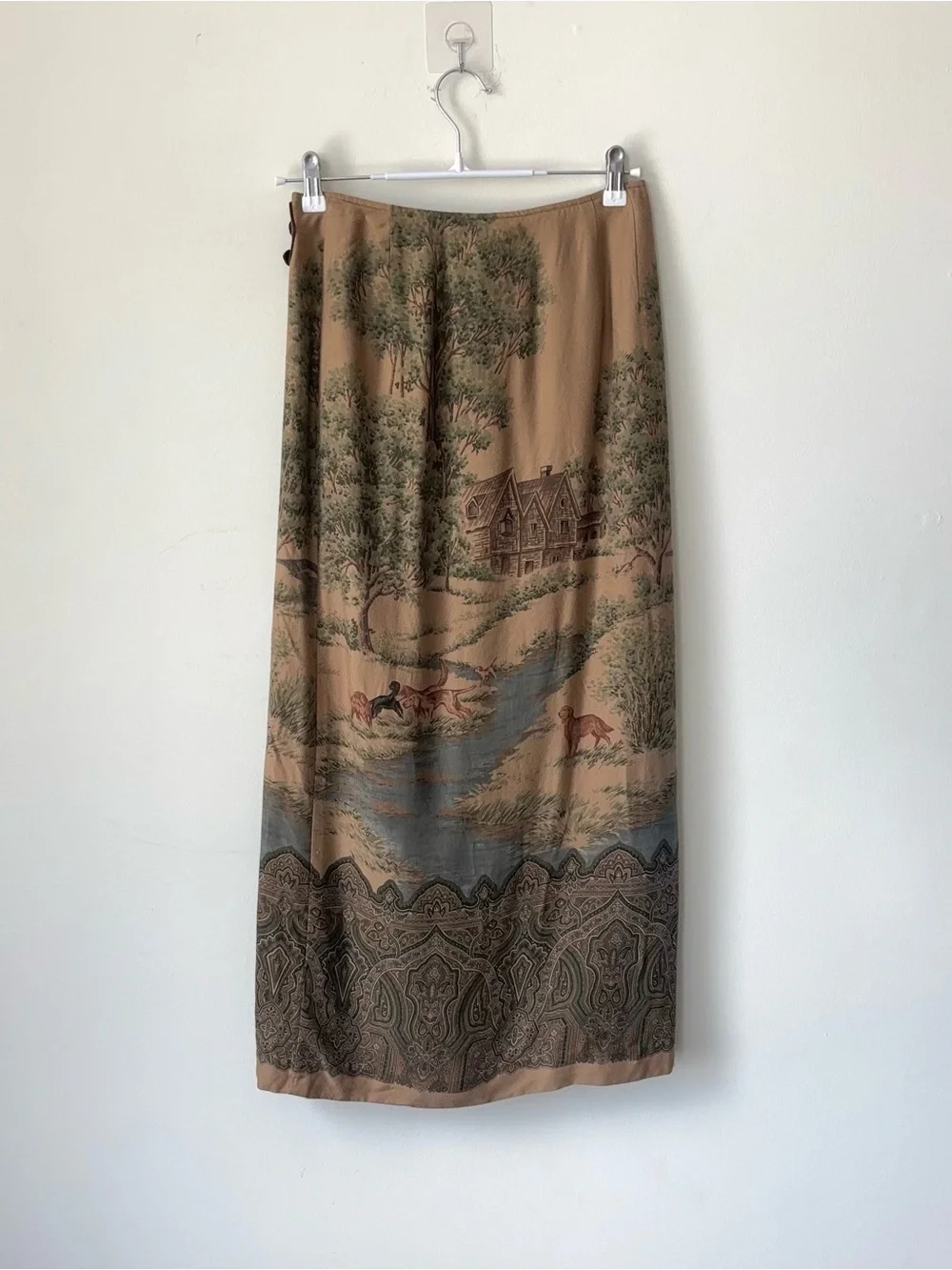 Vintage Ralph Lauren Country Scene Wool Wrap Skirt Size 4 Dog Cabin Fox Hunt